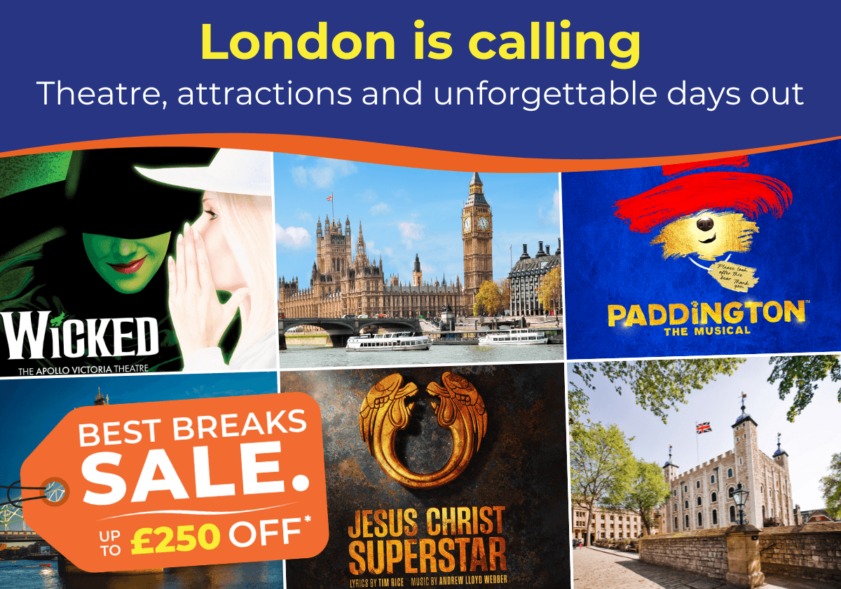 A vibrant collage showcasing London attractions, including theatre posters and iconic landmarks.