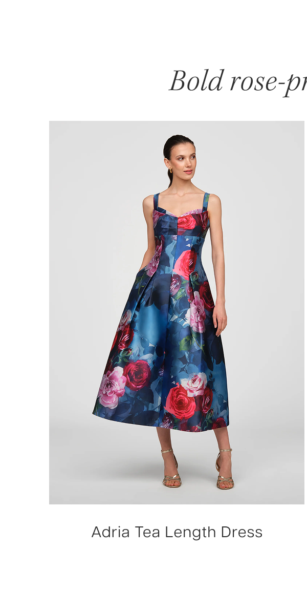 Bold rose-print mikado. Shop the Adria Tea Length Dress 