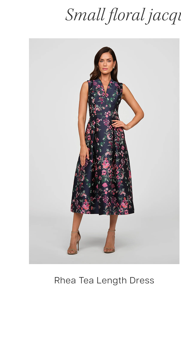 Small floral jacquards in ink blue. Shop the Rhea Tea Length Dress 