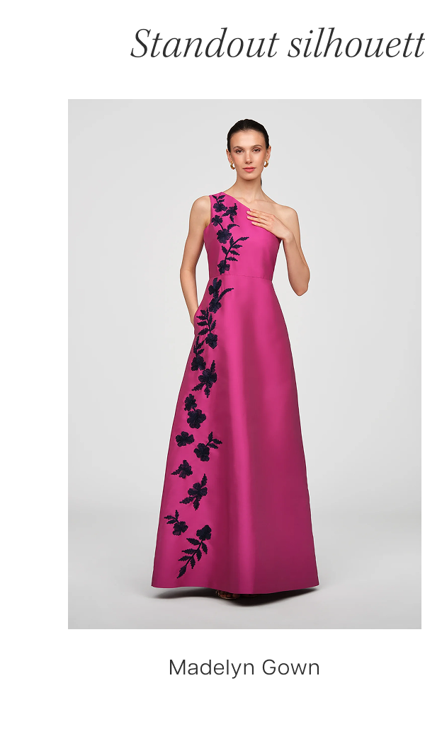 Standout silhouettes in vibrant aster. Shop the Madelyn Gown 
