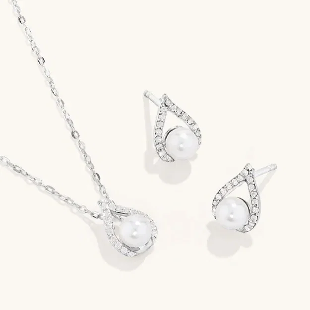 Synthetic White Pearl Necklace and Earrings Set in Sterling Silver