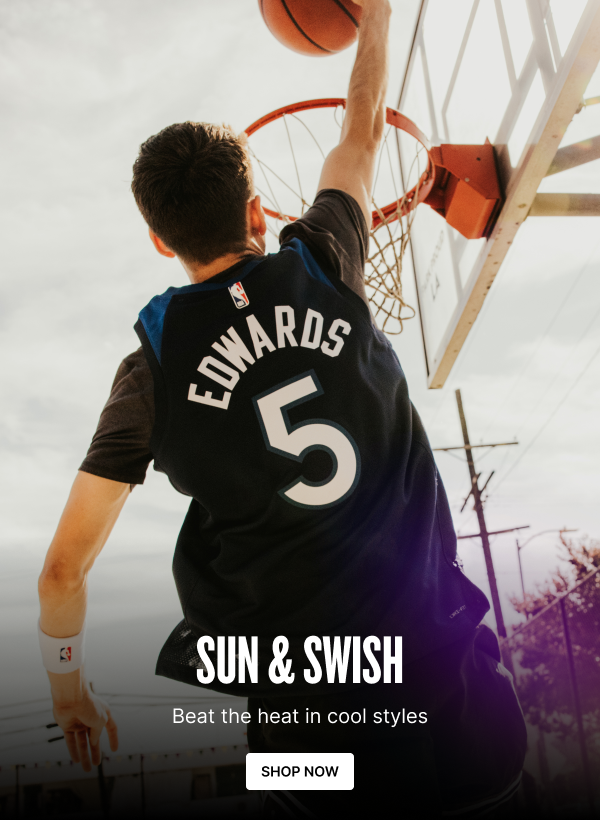 Person wearing an Anthony Edwards Minnesota Timberwolves jersey jumps for a basketball dunk with the headline "Sun & Swish".