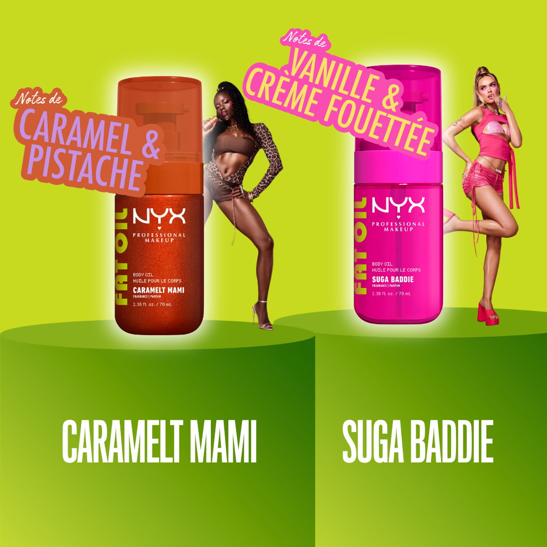 Huile fat oil body suga baddie notes de vanilles et crème fouettée et caramelt mami notes de caramel et pistache