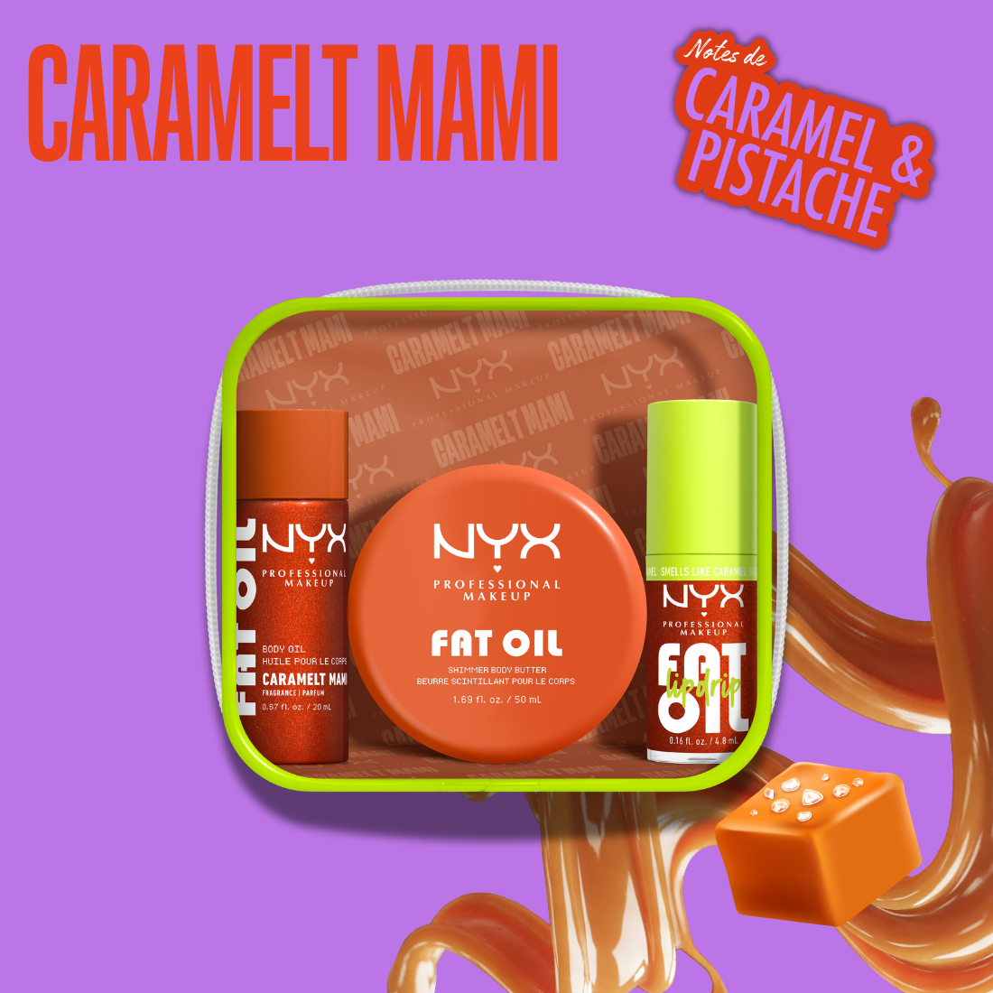  Coffret Mini à Emporter Caramelt Mami aux notes Caramel & Pistache comportant une huile, un beurre corps et une huile à lèvres