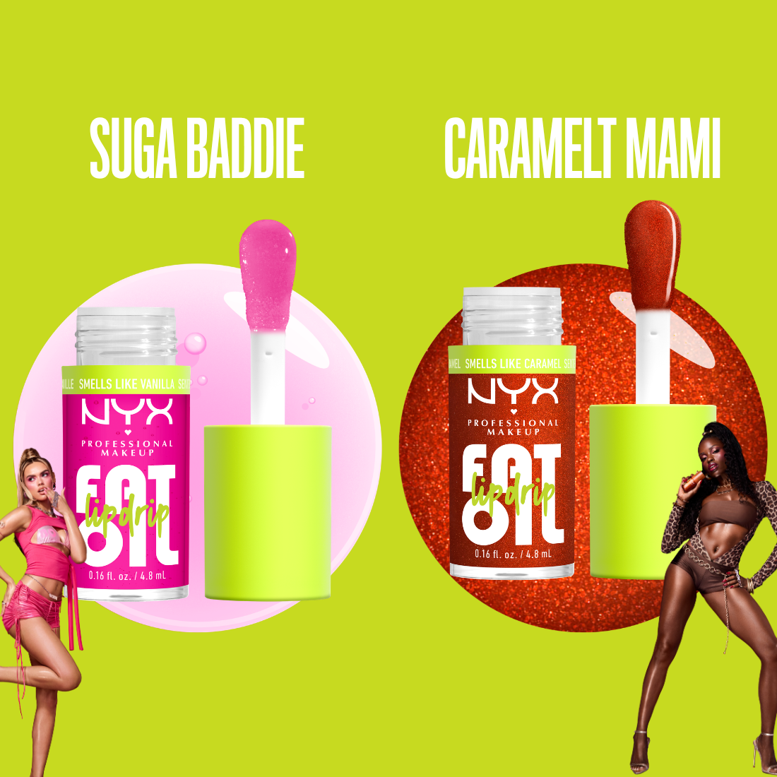 Huile à lèvres fat oil lip drip suga baddie notes de vanilles et crème fouettée et caramelt mami notes de caramel et pistache
