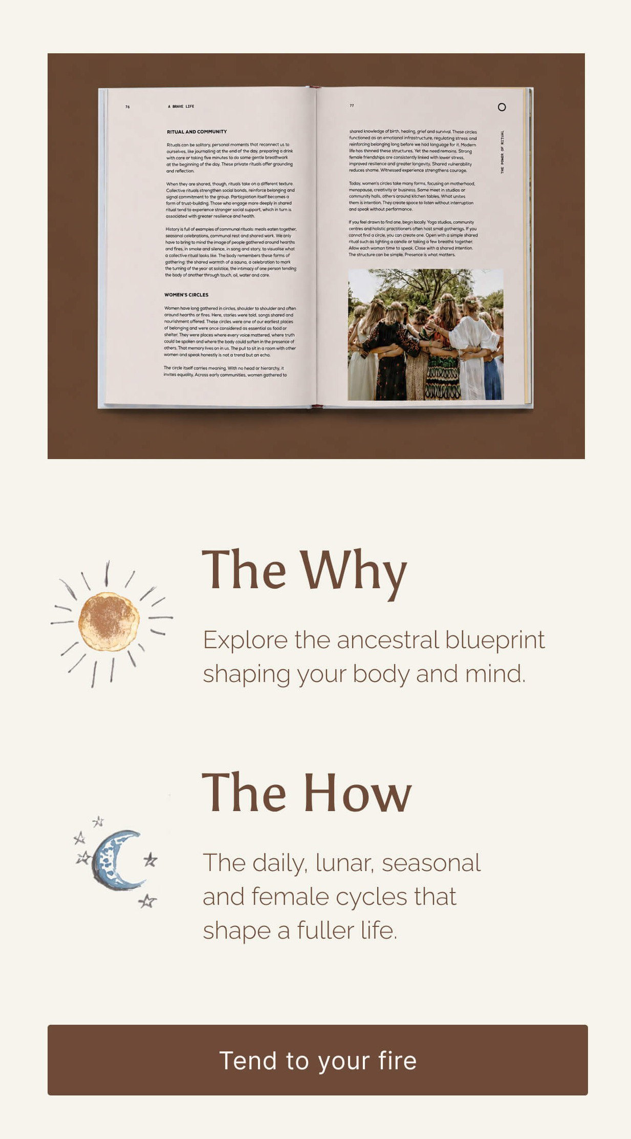 Open book showing 'Women's Circles' pages from A Brave Life, with women embracing in a circle. "Tend to your fire" button: Pre-order now on Amazon.