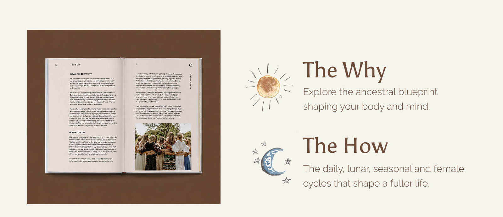 Open book showing 'Women's Circles' pages from A Brave Life, with women embracing in a circle. "Tend to your fire" button: Pre-order now on Amazon.