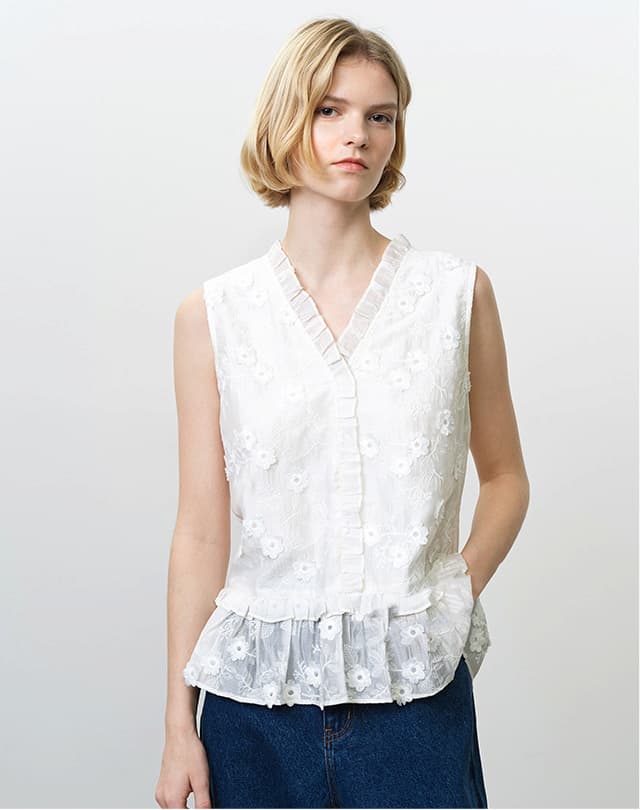 Vani Floral Embroidered Ruffle White Peplum Top
