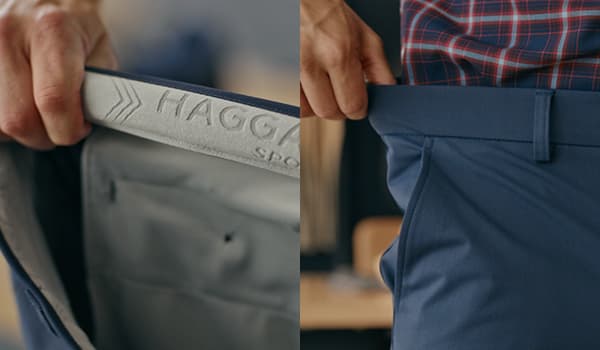 Man shows the stretch of the Haggar Sport waistband