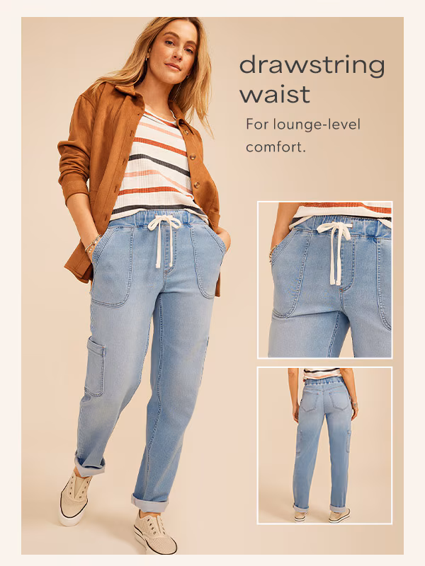 Drawstring waist. For lounge-level comfort. Model wearing maurices clothing.