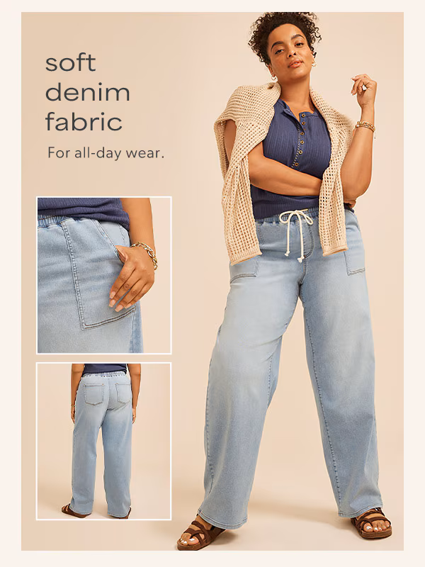 Soft denim fabric. For all-day wear. Model wearing maurices clothing.