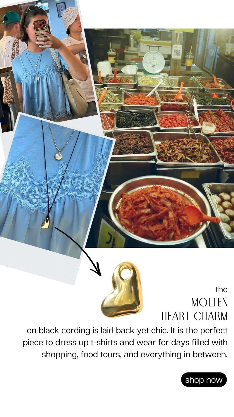 The Molten Heart Charm on black cording is laid back yet chic. It is the perfect piece to dress up t-shirts and wear for days filled with shopping, food tours, and everything in between.
