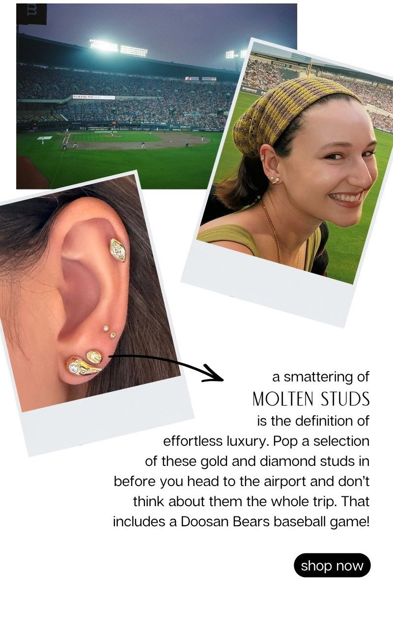 The Molten Studs is the definition of effortless luxury. Pop a selection of these gold and diamond studs in before you head to the airport and don’t think about them the whole trip.