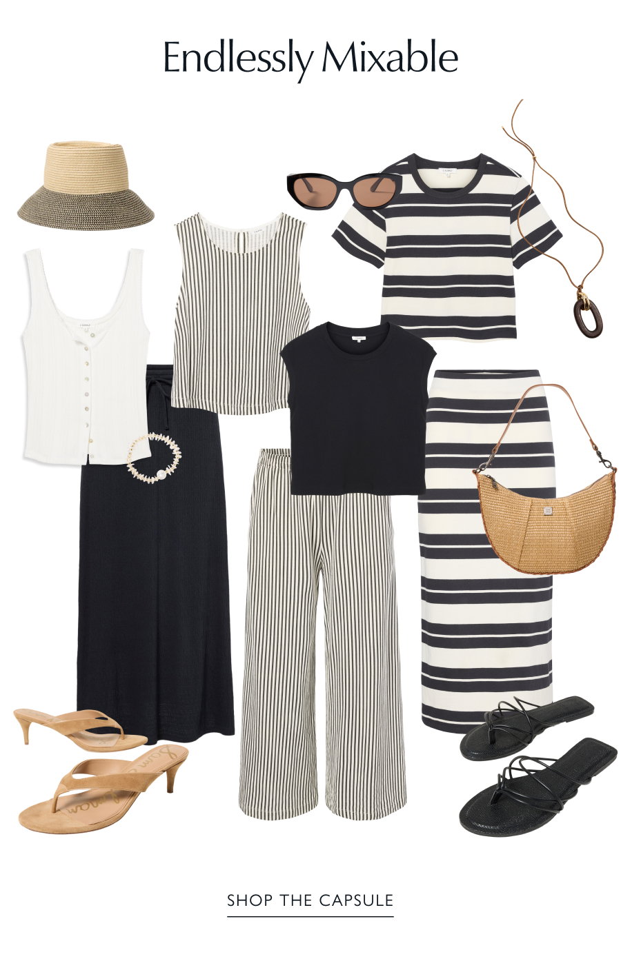 Endlessly Mixable. Cutouts of black, white, and tan images and accessory from EVEREVE. SHOP THE CAPSULE
