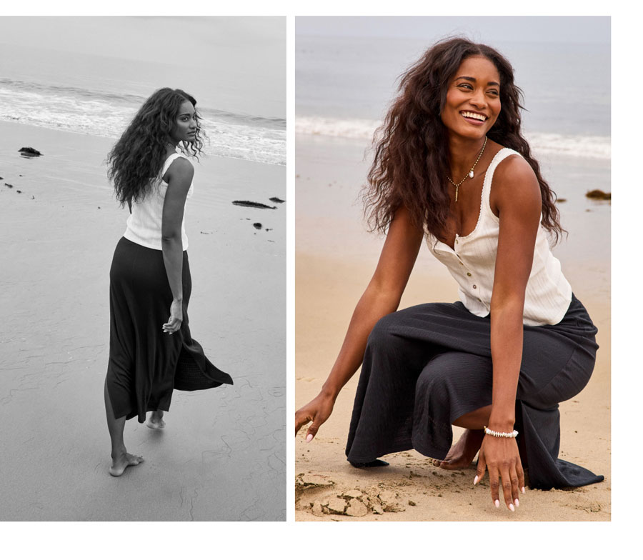 Images of model playing in the sun wearing tank and flowing split skirt from EVEREVE.
