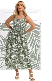YOURS Curve Green Palm Leaf Shirred Linen Maxi Dress