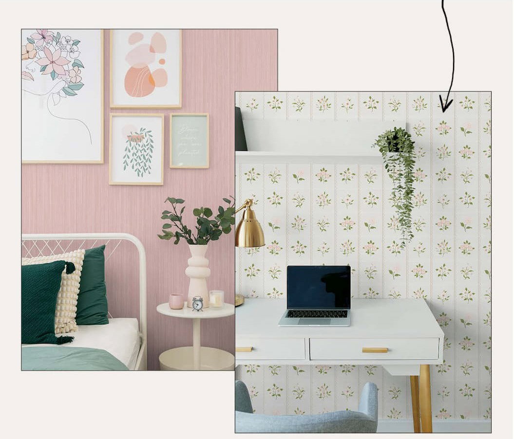 Two images layered over each other. Left image of Tempaper's Blush Pink Faux Grasscloth behind a bed with pictures on the wall. Right image of Tempapers Cottage Floral wallpaper behind a desk with a laptop computer and brass lamp.