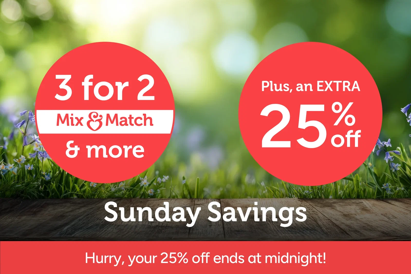 Sunday Savings | 3 for 2 & More plus, an EXTRA 25% off | Strip: Hurry, your 25% off ends at midnight!