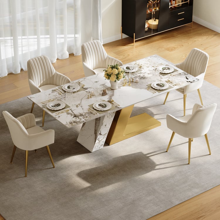 Silexa 79" Rectangular Glossy Sintered Stone Dining Table, Seats 6
