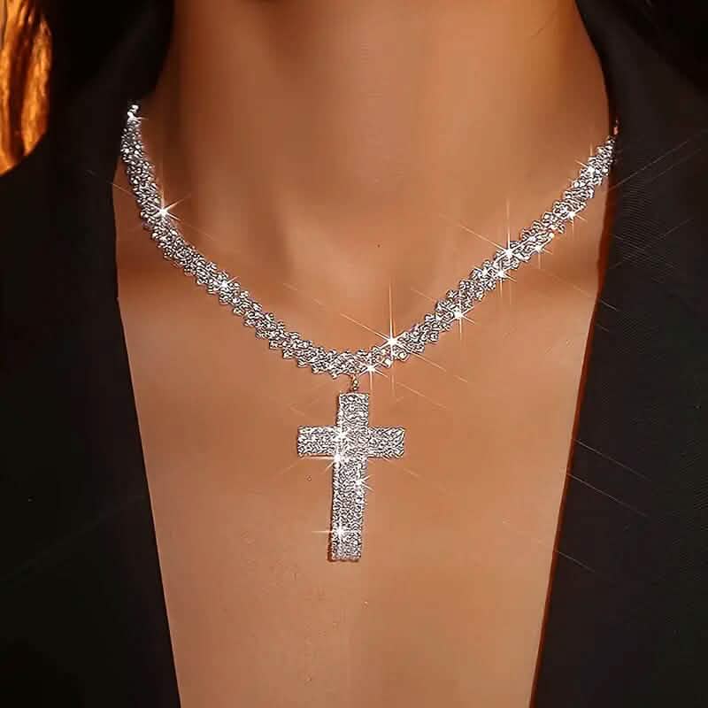 Image of Sterling Silver 925 Luxury Cross Pendant Necklace with Multi-Layer Zircon and Sparkling Rhinestones