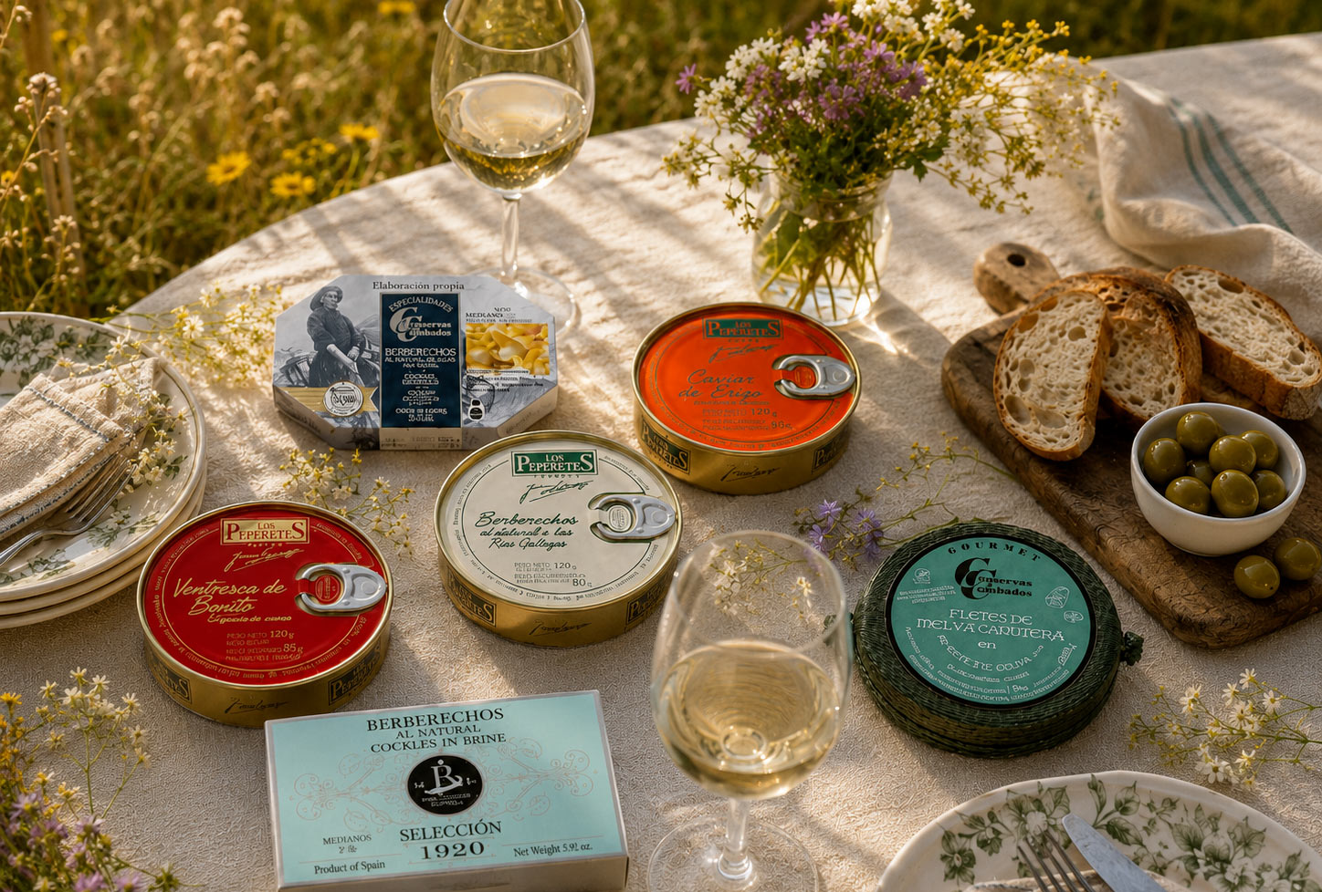 Outdoor picnic table with assorted Spanish seafood tins, glasses of white wine, sliced bread and olives