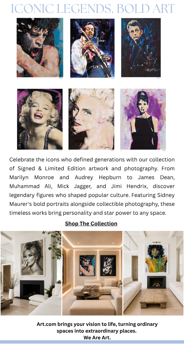 Iconic Legends. Bold Art - Celebrate the icons who defined generations with our collection of Signed & Limited Edition artwork and photography. From Marilyn Monroe and Audrey Hepburn to James Dean, Muhammad Ali, Mick Jagger, and Jimi Hendrix, discover legendary figures who shaped popular culture. Featuring Sidney Maurer's bold portraits alongside collectible photography, these timeless works bring personality and star power to any space.
