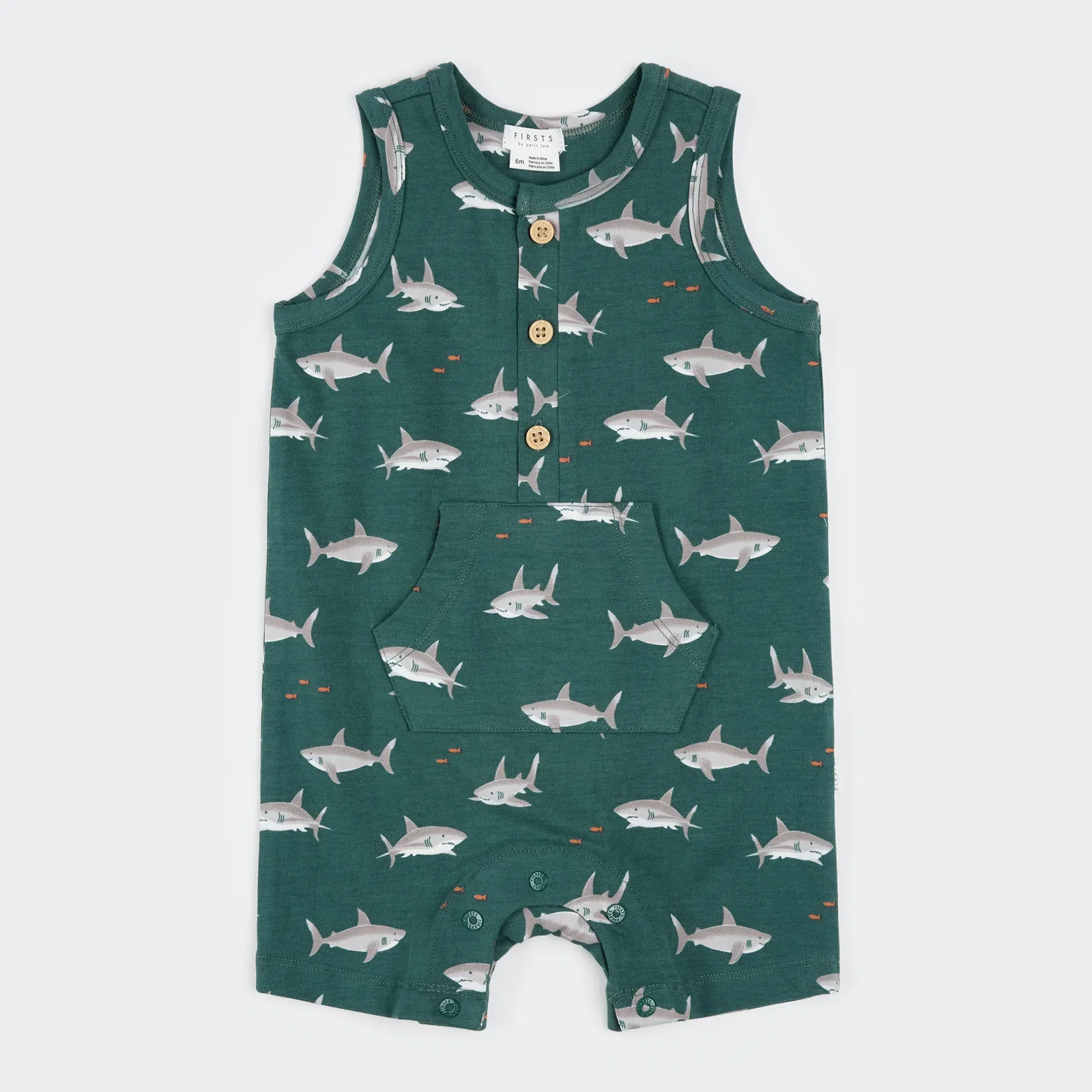 Image of Sharks Print on Deep Green Sleeveless Romper