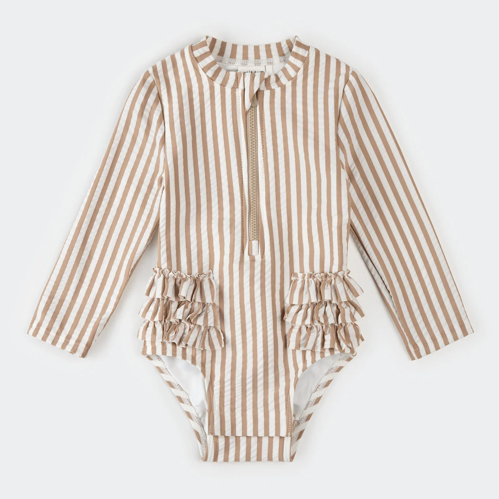 Image of Taupe Stripe Seersucker Long-Sleeve One-Piece Swimsuit