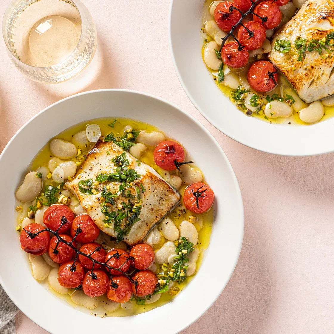 Black Cod with Charred Tomatoes, Stewy Beans, and Tarragon-Pistachio Pesto
