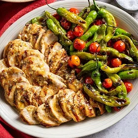 Grilled Chicken, Shishitos, and Tomatoes with Miso-Garlic Butter 