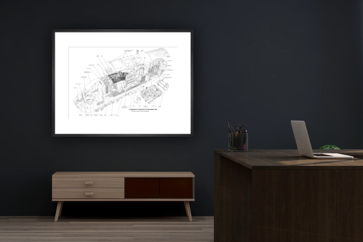 black and white drawing in an office