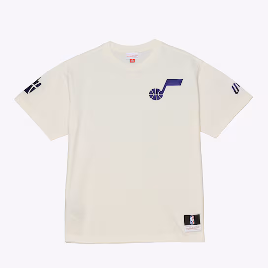 Men's Utah Jazz Mitchell & Ness Cream Hardwood Classics Chainstitch Premium T-Shirt