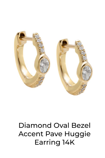 Diamond Oval Bezel Accent Pave Huggie Earring 14K