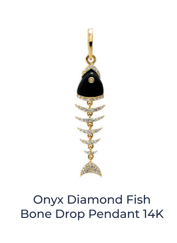 Onyx Diamond Fish Bone Drop Pendant 14K