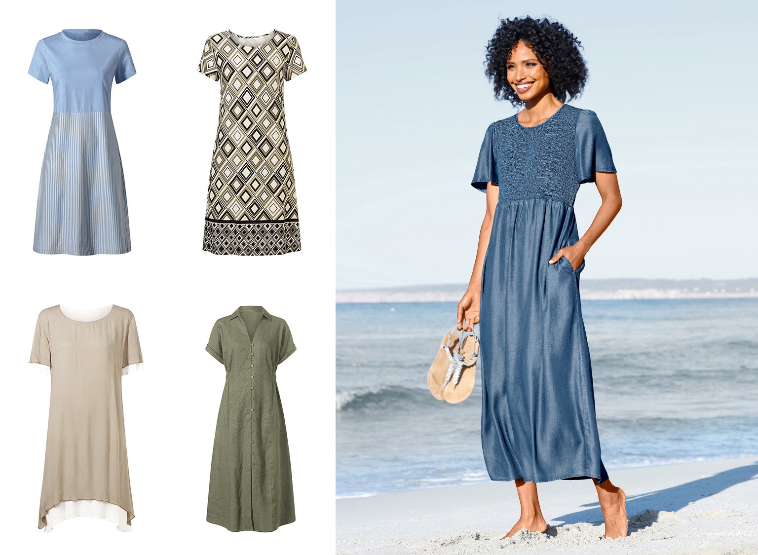 Links vier verschiedene Kleider in Pastell- und Erdtönen, rechts ein Model am Strand in einem blauen, kurzärmeligen Maxikleid mit Taschen, das Sandalen in der Hand hält. 