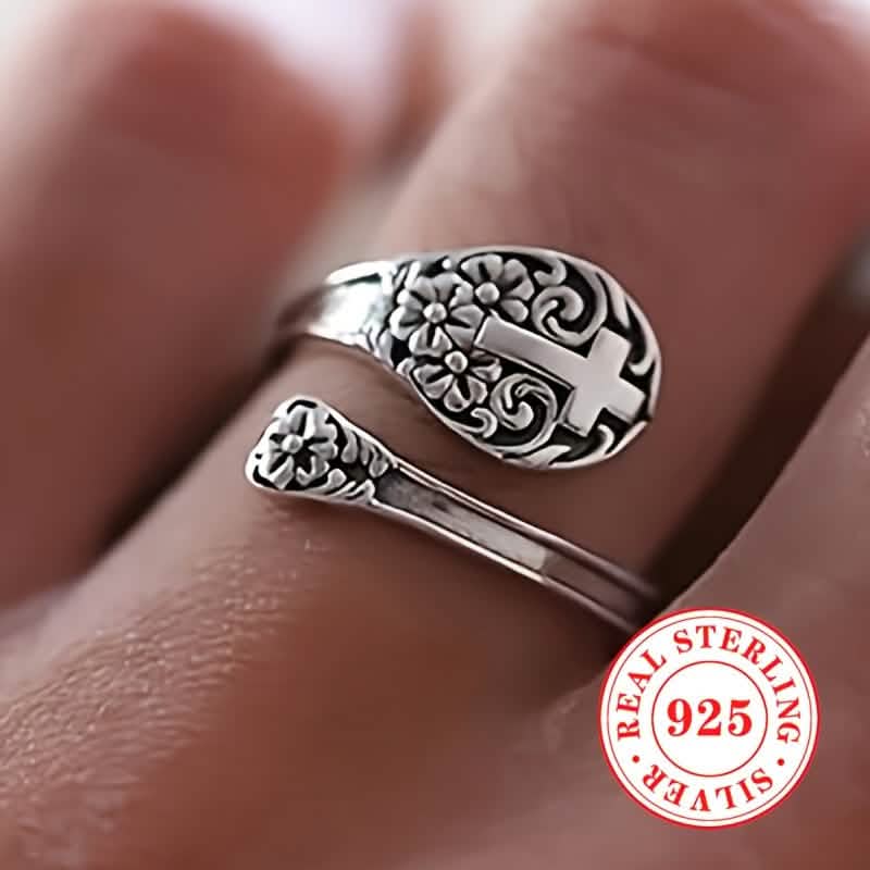 Image of 925 Sterling Silver Bohemian Faith Ring – Adjustable Vintage Cross