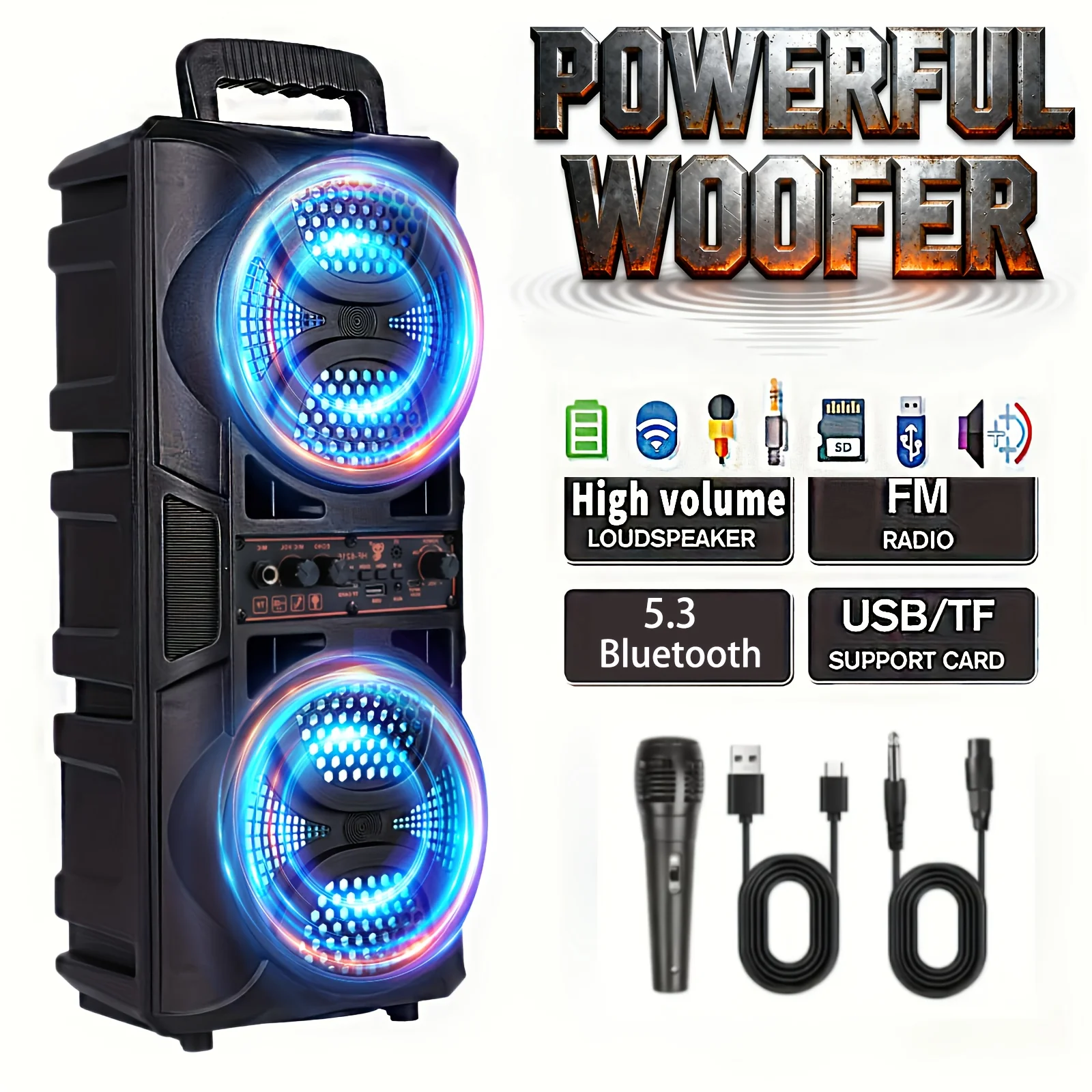 Image of Portable Bluetooth Speaker with Subwoofer Bass, Dual 6.5" LED Woofers and Microphone