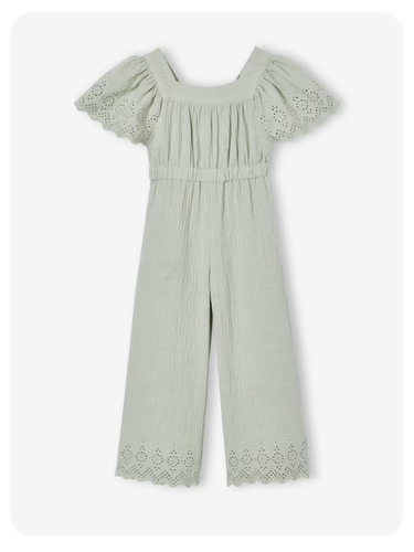 Mädchen Jumpsuit aus Musselin mit Stickerei - salbeigrün