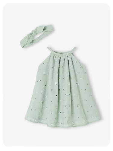 Baby Trägerkleid aus Lochstickerei mit Haarband - salbeigrün