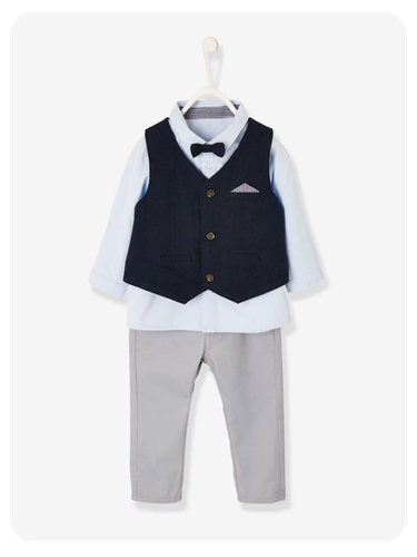 Festliches Jungen Baby-Set: Hemd, Hose, Weste & Fliege - blau/nachtblau/grau