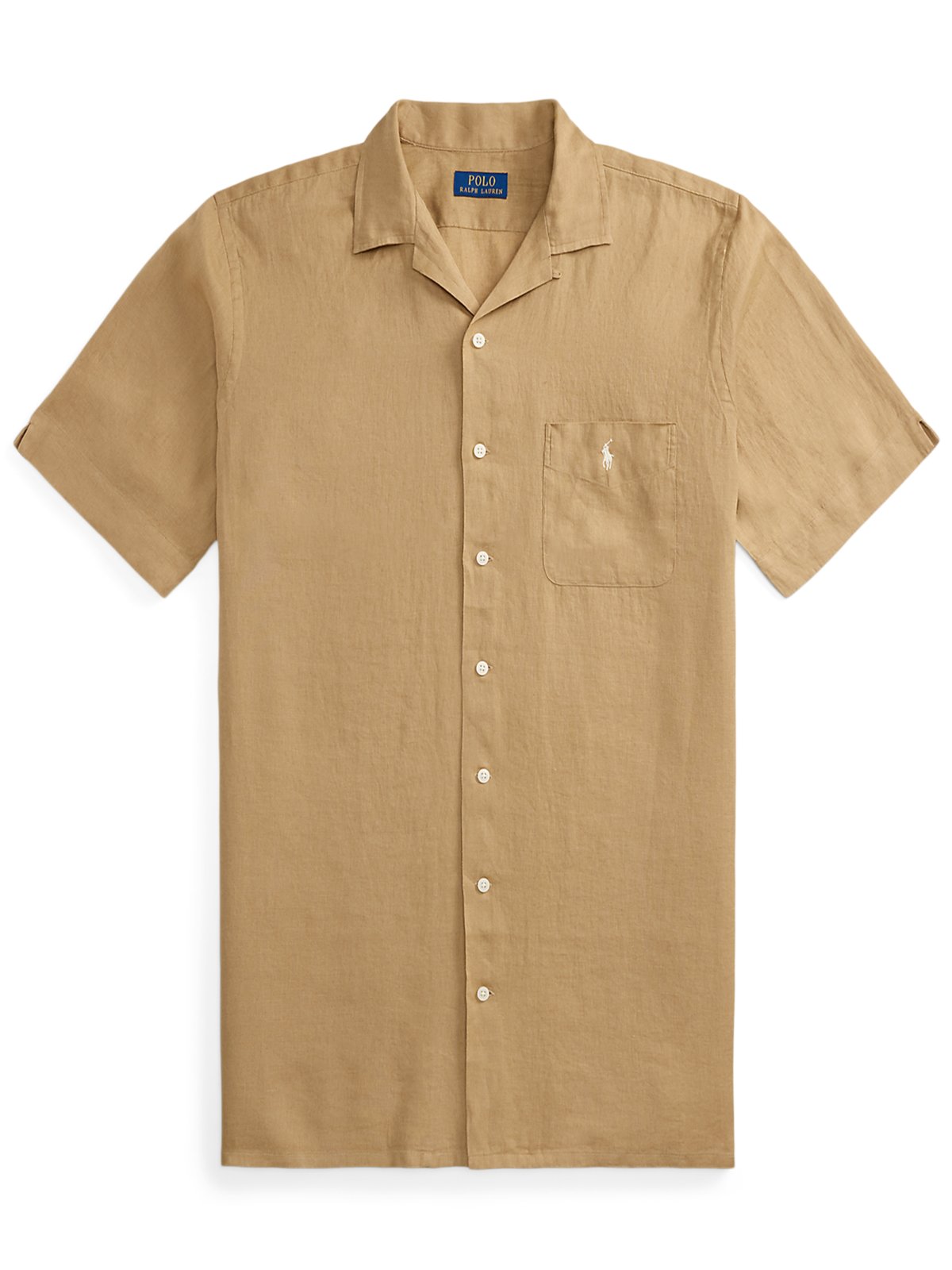 Short-sleeved linen shirt with chest pocket and logo embroidery