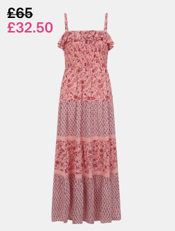 Mix Floral Print Smocked Maxi Dress Pink