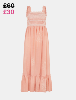 Floral Embroidered Smocked Midi Dress Pink