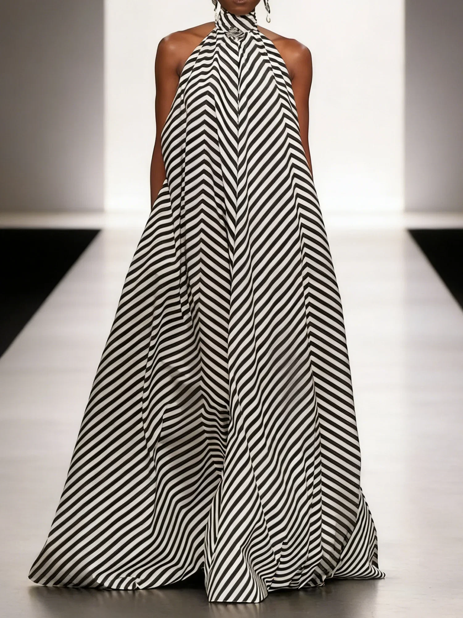 Image of Elegant Striped Halter Maxi Dress
