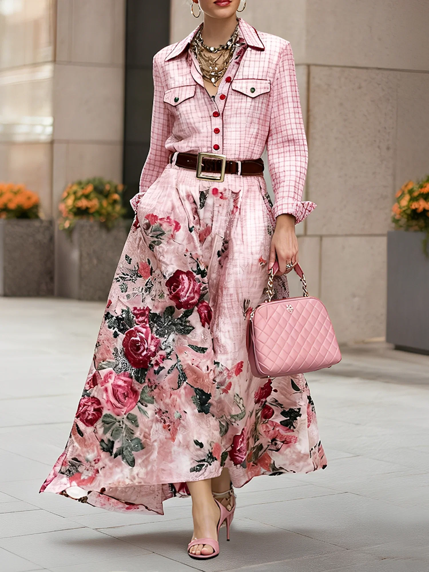 Image of Elegant 3D Printing Shirt Collar Maxi Dress No Belt