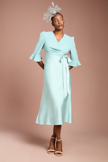 Ruffle Sleeve Satin Back Crepe Wrap Dress