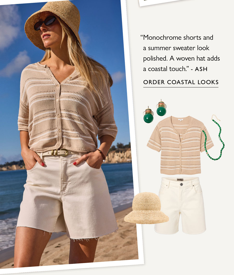 "Monochrome shorts and a summer sweater look polished. A woven hat adds a coastal touch." -Ash. Order weekend looks. Image of Trendsend themebox summer coastal look.