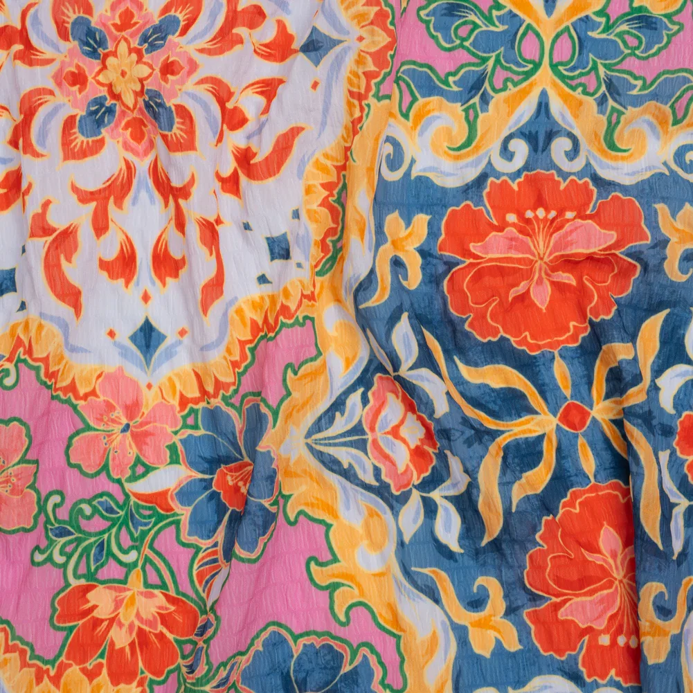 Image of Polyester Wide Stripe Seersucker - Navy, Coral Red and Pink Modern Floral Damask - Designer Deadstock
