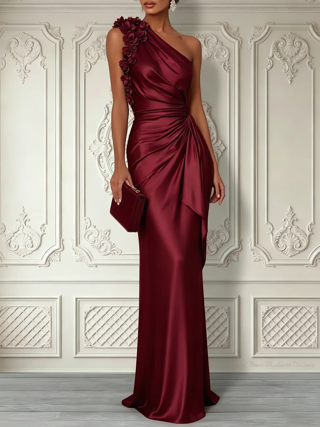 Image of Burgundy 3D Floral Ruched Satin One Shoulder Sleeveless Sheath Floor-length Gown Dress