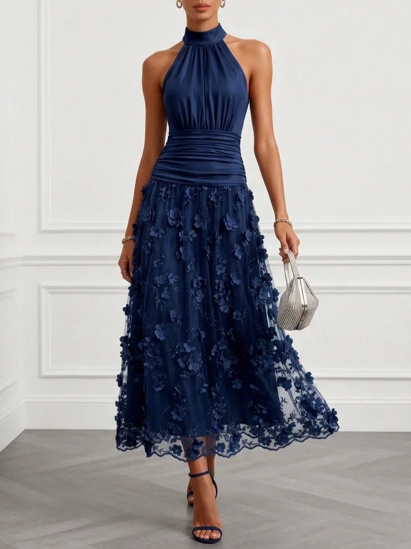 Image of Purplish Blue 3D Floral Embroidery Lace Halter Neck Sleeveless A-Line Maxi Dress
